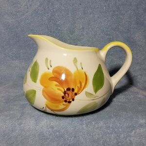 Vintage Hand Painted Portuguese Ceramic Squat Pitcher Yellow Floral P3315